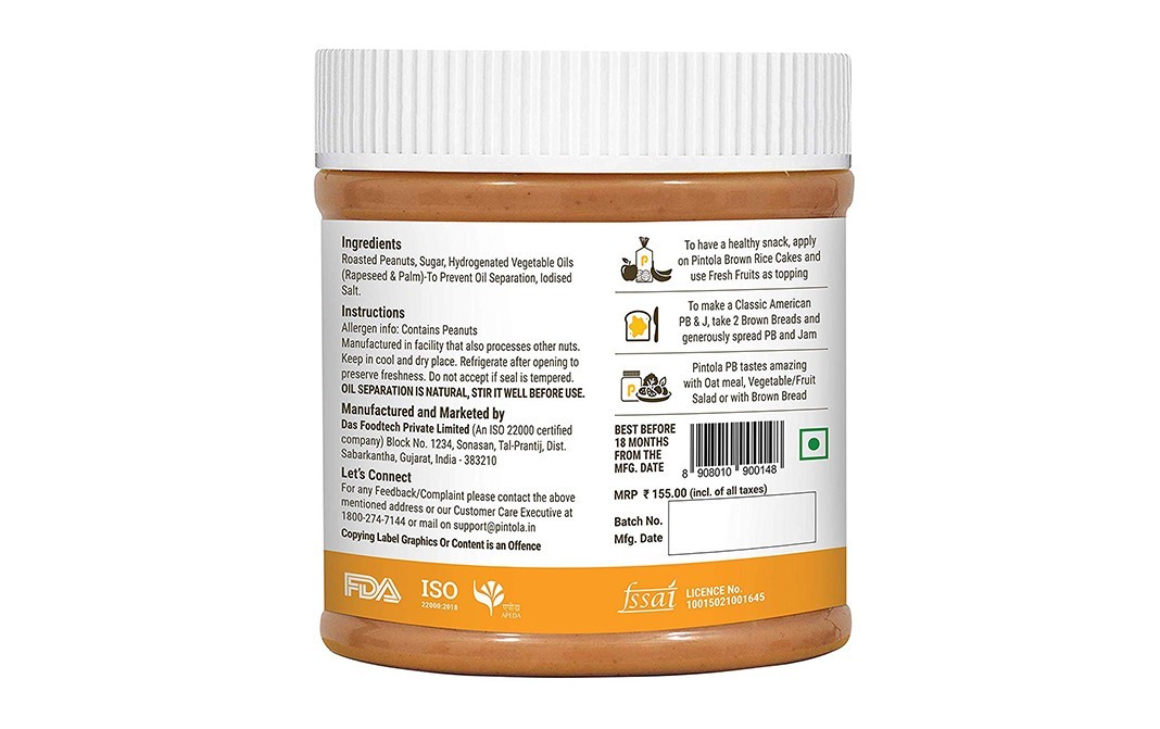 Pintola Peanut Butter Classic Creamy   Plastic Jar  350 grams